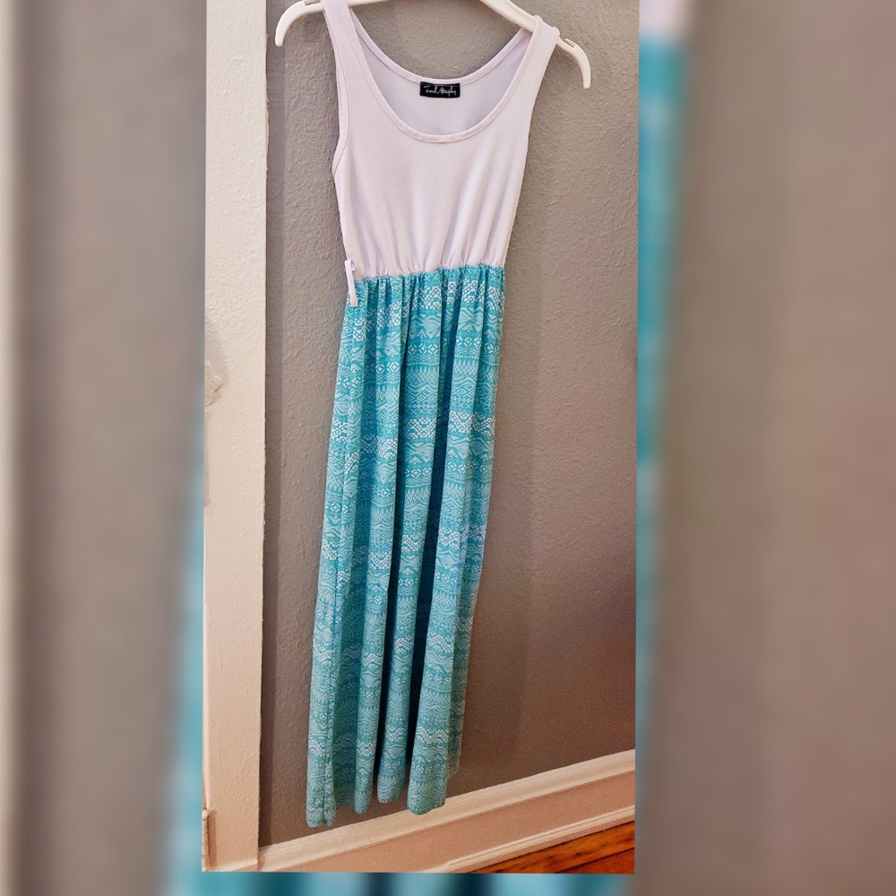Blue flowy dress.